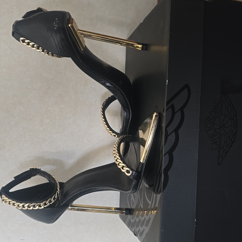 JLo Binnie Elegant Black and Gold Chain Stiletto Heels